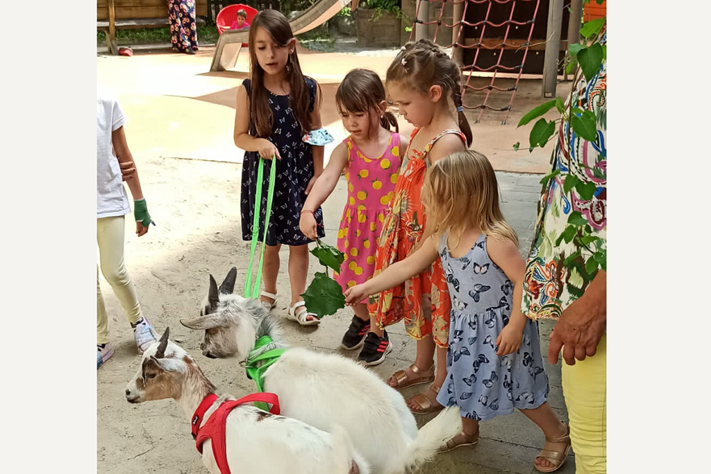 Kinder mit den getauften Ziegen